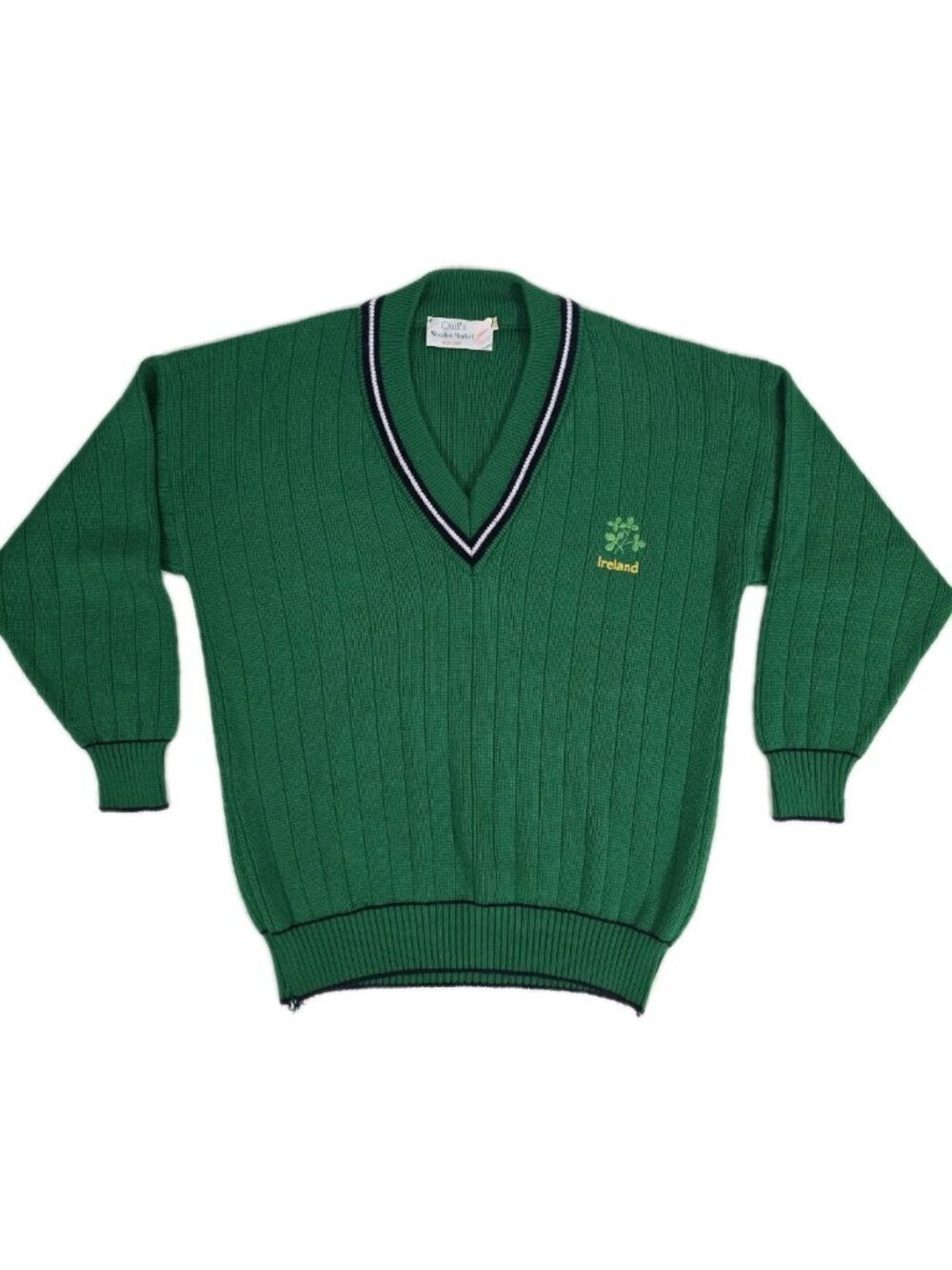 Quill’s Woolen Market Tennis Sweater Mens XXL Ireland Embroidered Knit Green VTG